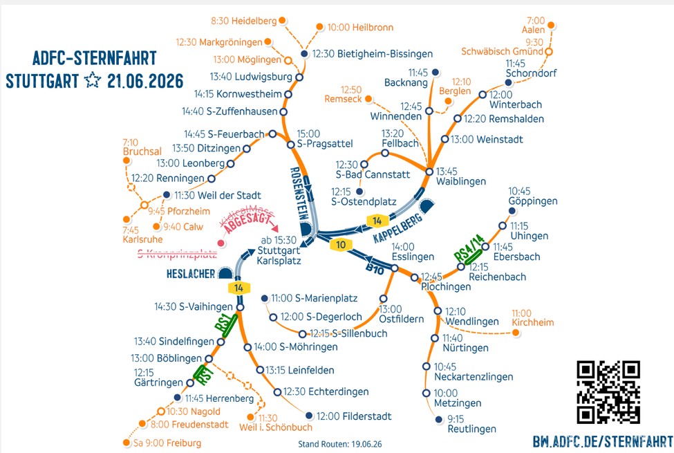 Plan der ADFC Sternfahrt 2026 Stuttgart mit allen Zubringern